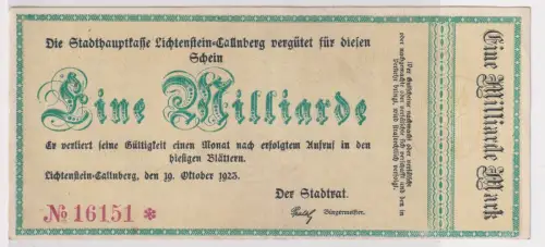 1 Milliarde Mark Banknote Inflation Lichtenstein Callnberg 19.10.1923 (120991)