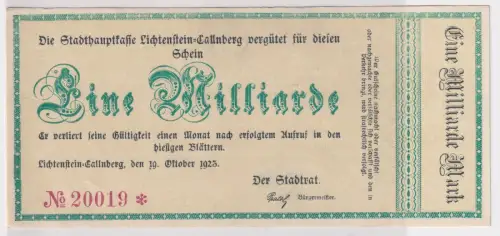 1 Milliarde Mark Banknote Inflation Lichtenstein Callnberg 19.10.1923 (146499)