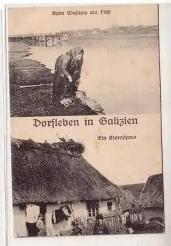 52023 Mehrbild Ak Dorfleben in Galizien Waschfrau und Storchenhaus 1918