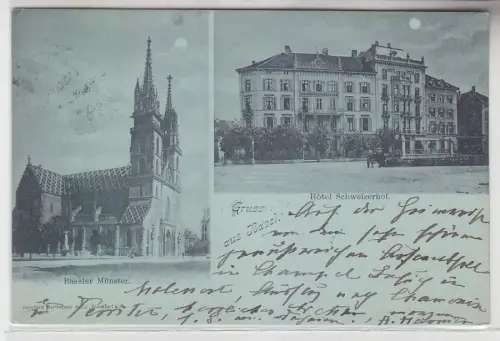 25424 Mondscheinkarte Gruß aus Basel Hotel Schweizerhof 1898