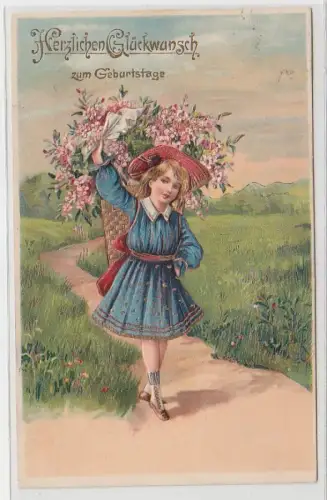 47025 Geburtstags Präge Ak Kind mit Korb voll Blumen 1907