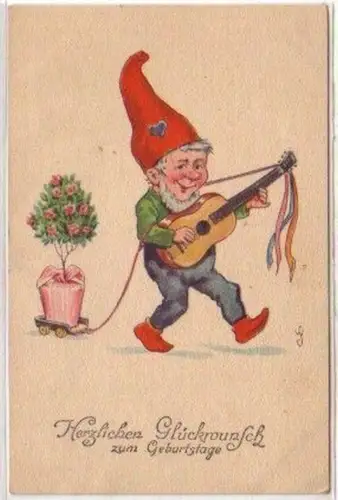 11011 Glückwunsch Ak Zwerg mit Gitarre um 1940