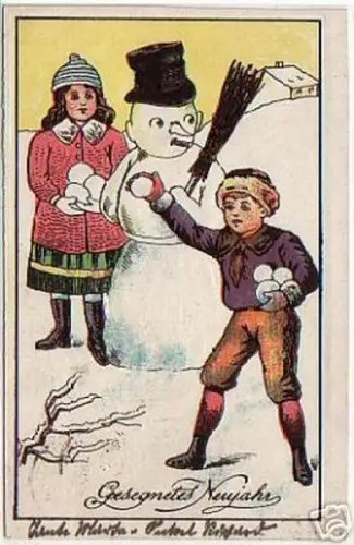 16075 Neujahrs Ak mit Schneemann und Kindern um 1920