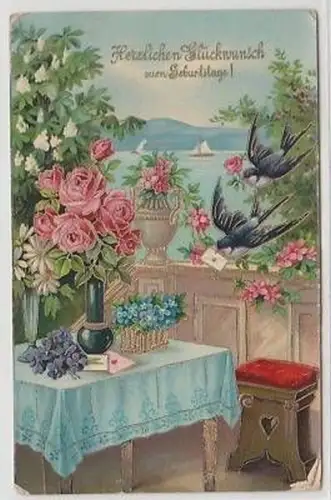 19910 Geburtstags Ak Schwalben und Blumen 1916