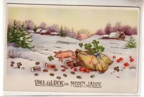 48353 Neujahrs Ak mit Geld und Glücksschwein um 1930