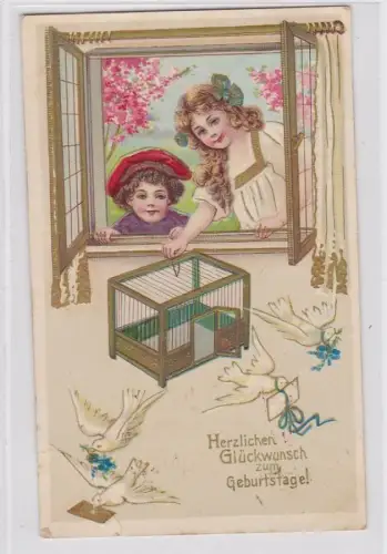 80986 Geburtstags Ak Kinder mit Vogelbauer und 4 Tauben 1910