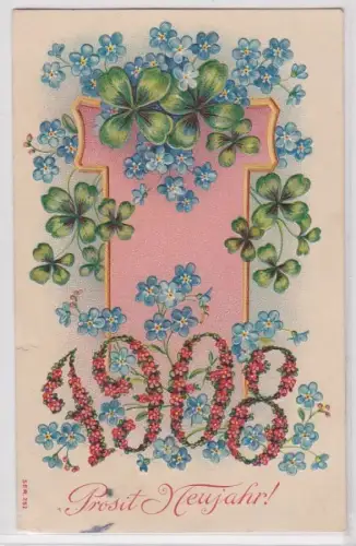73264 Glückwunsch AK Prosit Neujahr 1908, vierblättrige Kleeblätter & Blumen