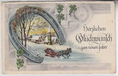 67720 Neujahrs Ak Hufeisen und Pferdeschlitten 1938