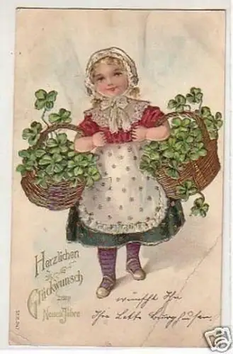 32534 Neujahrs Präge Ak Mädchen 2 Körbe mit Klee 1908