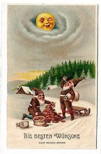 65564 Neujahrs Ak Zwerge mit Schlitten füllen Geld in Säcke um 1900