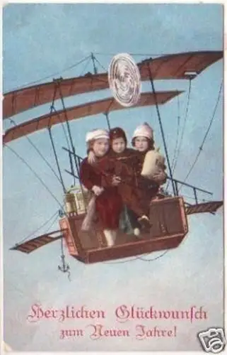 24659 Ak Neujahr Kinder mit Flugmaschine 1914