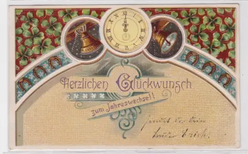 82348 Präge AK Herzlichen Glückwunsch zum Jahreswechsel! Glocken & Uhr 1908