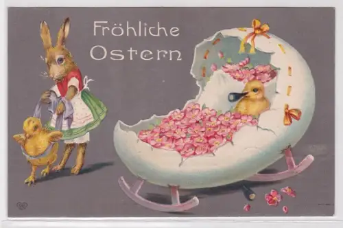 92317 Ak Fröhliche Ostern - Osterhase mit 2 Küken in Eierschalenbett 1909