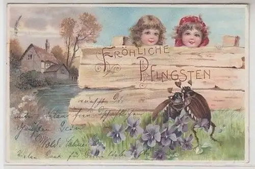 58523 Fröhliche Pfingsten Ak 2 Maikäfer und 2 Kinder 1903