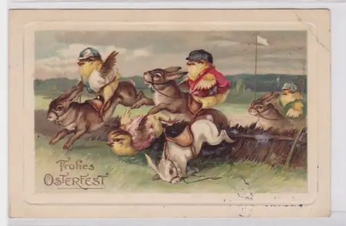 19309 Humor AK Frohes Osterfest, Hühner reiten Kaninchen bei einem Rennen 1913