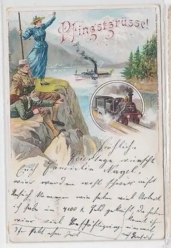 13562 Pfingst Ak Lithographie Eisenbahn und Raddampfer 1912
