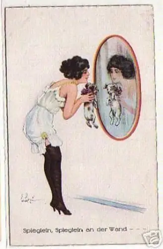 02247 Ak Erotik Dame mit Hund vor Spiegel um 1920