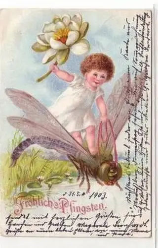57612 Ak Fröhliche Pfingsten. auf Libelle reitendes Kind mit Seerose 1903