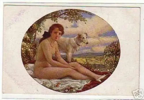 02875 Ak Erotik Nacktes Mädchen mit Hund um 1920
