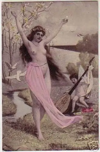 07927 Ak Erotik nackte Dame und Engel um 1920