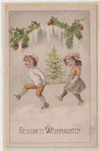 48358 Weihnachts Ak Kinder tragen Tannebaum 1924