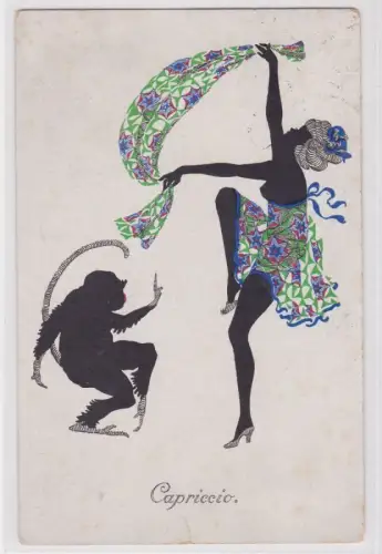 75335 Erotik Künstler Ak 'Capriccio' Affe tanzt mit halbnackter Dame 1920