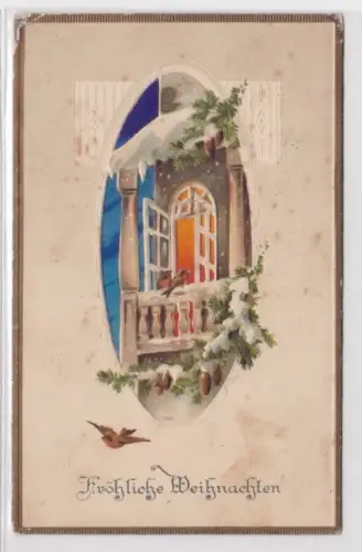 97525 geprägte Ak Fröhliche Weihnachten: Vögel vor offenem Fenster 1914