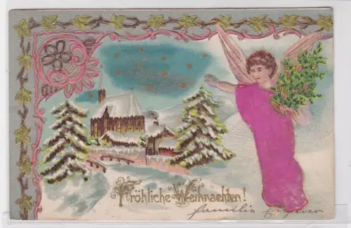 90636 Fröhliche Weihnachten Präge Stoff Ak Engel vor Winterlandschaft 1901