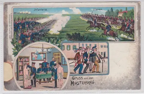 91177 Patriotika AK Gruss von der Musterung - Infanterie gegen Ulanen 1908