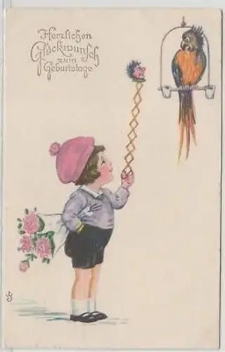 26135 Geburtstags Ak Kind neckt Papageien 1926