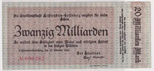 20 Milliarden Mark Banknote Inflation Lichtenstein Callnberg 22.10.1923 (111164)