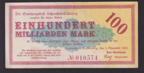 100 Milliarden Mark Banknote Inflation Lichtenstein Callnberg 1.11.1923 (111719)