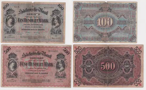 Banknoten 100 und 500 Mark Sächsische Bank Dresden 1890 (142793)