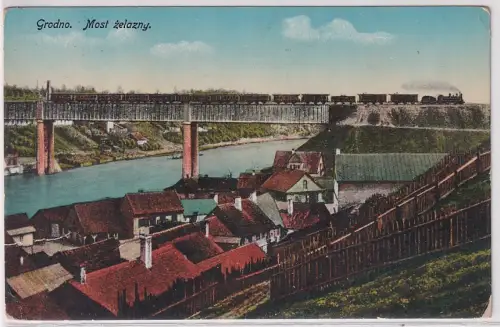 61896 Feldpost AK Grodno (Hrodna) - Most żelazny, Eiserne Brücke mit Dampflok