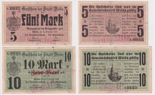 5 & 10 Mark Banknote Notgeld Stadt Weida  25.November 1918 (159061)