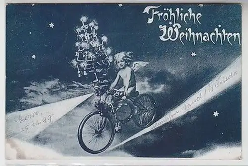 63253 Fröhliche Weihnachten Ak Kind radelt mit Tannenbaum auf Kometenschweif