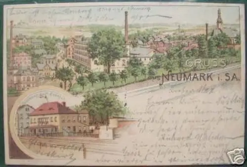 schöne Ak Gruss aus Neumark i.Sa Gasthof zum Bahnhof