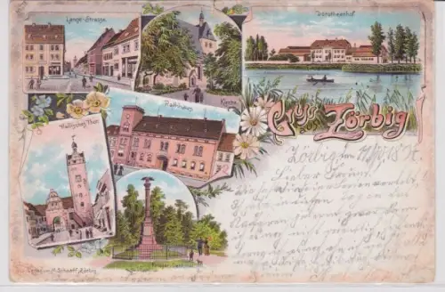 98250 Ak Lithographie Gruß aus Zörbig Langestraße, Kriegerdenkmal usw. 1897