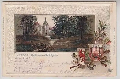 62627 Wappen Präge Ak Zerbst Partie aus dem Schloßgarten 1901