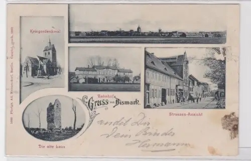 93671 Lithografie AK Gruss aus Bismark - Bahnhof, Kriegerdenkmal & Bahnhof 1901