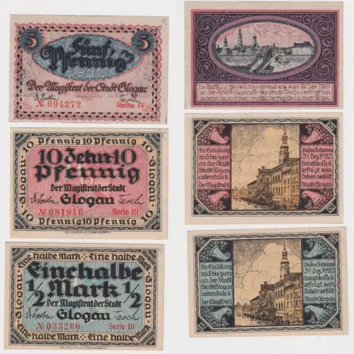 5 & 10 Pfennig & 1/2 Mark Banknoten Notgeld Stadt Glogau Glogów 1920 (141181)