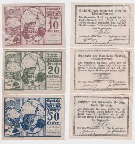 10,20 und 50 Heller Banknoten Notgeld Gemeinde Zelking 1920 (166842)