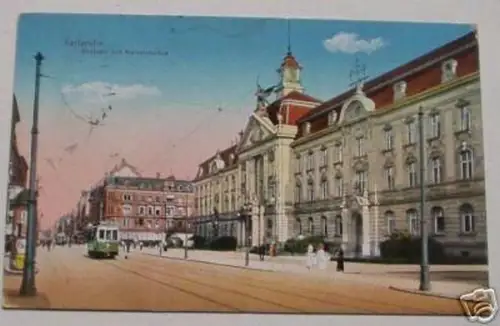 schöne Ak Karlsruhe Postamt mit Kaiserstrasse 1915