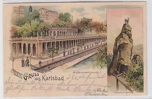 63655 Ak Lithographie Gruß aus Karlsbad Mühlbrunnencolonnade, Hirschensprung