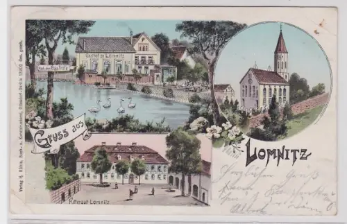 87712 AK Gruss aus Lomnitz - Rittergut & Gasthof zu Lomnitz mit Kegelbahn 1914