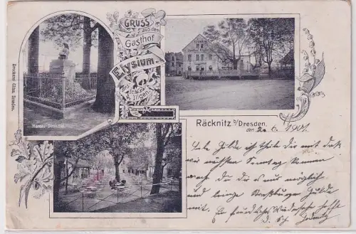 45873 Ak Gruß aus Gasthof Elysium Räcknitz bei Dresden 1901