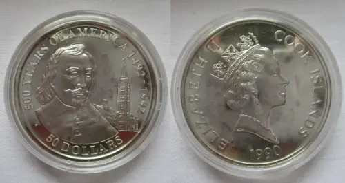 50 Dollar Silbermünze Cook Inseln 1990 500 Jahre Amerika Champlain (167809)