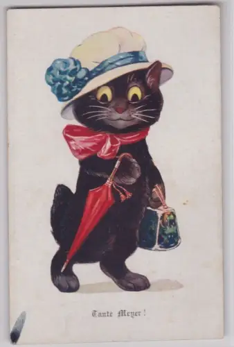907267 Humor Ak Katze mit Hut und Schirm als "Tante Meyer!" um 1930