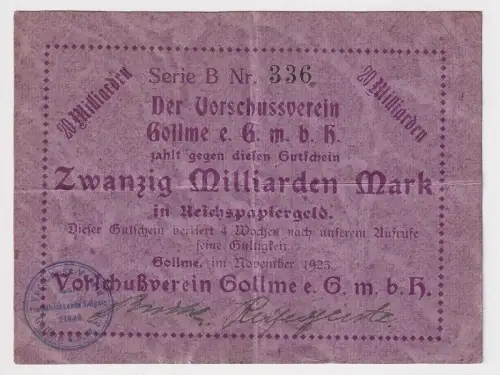 20 Mrd. Mark Banknote Vorschußverein Gollme Gollma b. Delitzsch 1923 (127904)