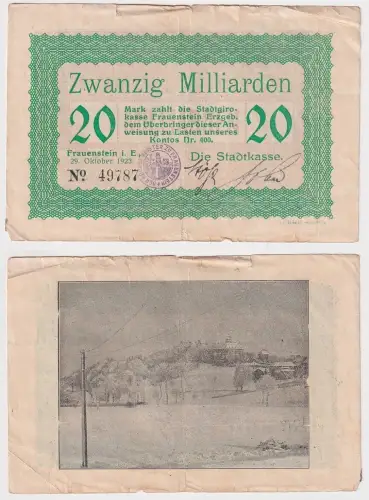20 Milliarden Mark Banknote Inflation Stadtkasse Frauenstein i.E. 1923 (149444)